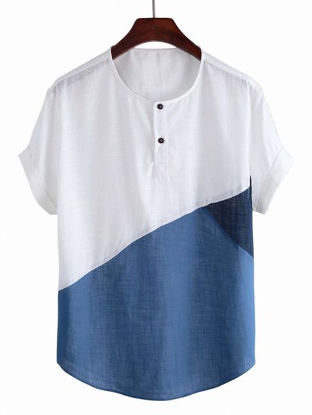 

men two tone curved hem quarter button shirt 37gn#, White;black