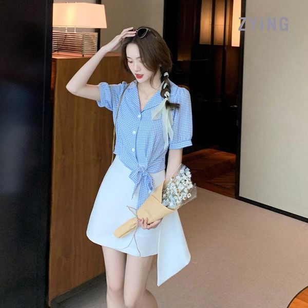 

women's blouses & shirts 2021 summer korean style plaid shirt with hem bandage for fashion chiffon and versatile hong kong top, White