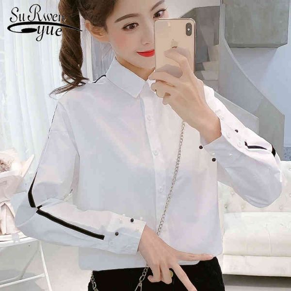 

new fashion women shirts ladies long shirt beading solid corduroy turn-down collar women clothing casual women 5397 50 210417, White