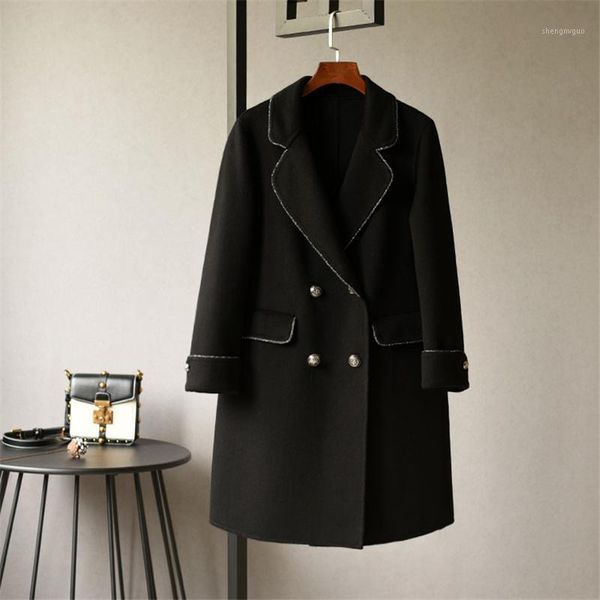 

pattern long-style high-end temperament easy pure wool double faced tweed coat keep warm comfortable women's & blends, Black