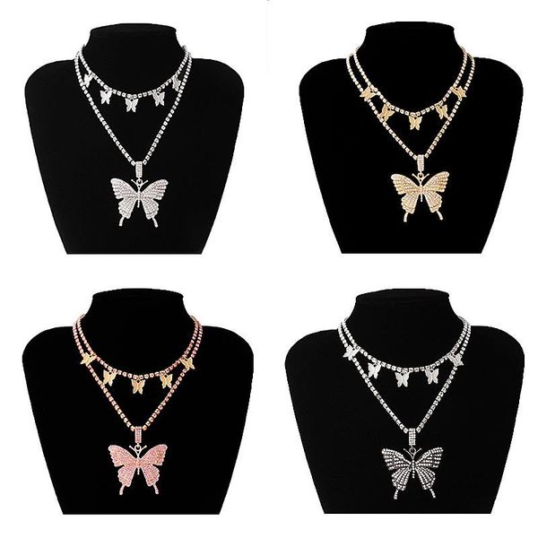 

chains hip 2pcs kit layered butterfly necklace pendants chain set luxury rhinestones choker for women jewelry, Silver