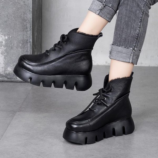 

boots all wool thick soled leather short 2021 winter sheepskin integrated women's thermal cotton shoes cowhide, Black