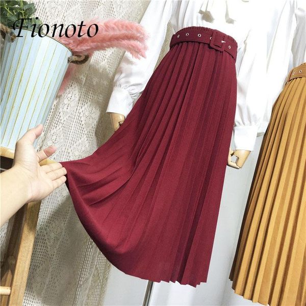 

fionoto high waist solid pleated belted skirt 2021 autumn winter women's mid-length all-match a-line slim long for ladies skirts, Black