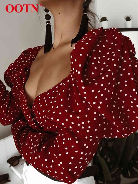 

ootn vintage polka dot women puff long sleeve wrap elegant 2021 lace up red crop blouse backless chic female shirts, White