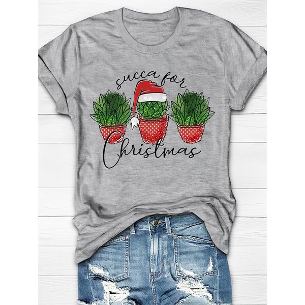 

Summer women's top T-shirt Christmas potted print round neck street casual home short-sleeved loose and comfortable, White