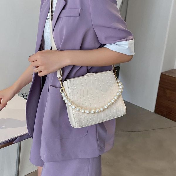 

cross body pearl chain shoulder bags for women alligator small bucket messenger bag ladies simple white handbags pure color crossbody