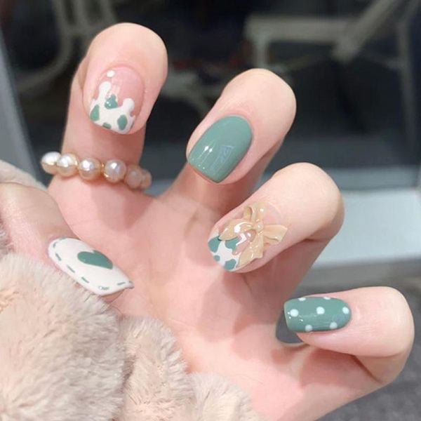 

false nails 24pcs cow pattern nail patch bean green glue type removable short paragraph fashion manicure butt666, Red;gold