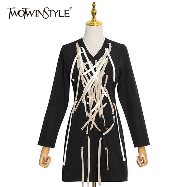 

cross bandage dress women v neck long sleeve high waist mini street dresses for female fashion spring 210520, Black;gray