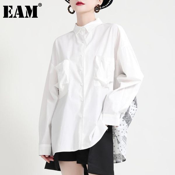 

[eam] women black white printed big size blouse lapel long sleeve loose fit shirt fashion spring autumn 1dd6660 210512