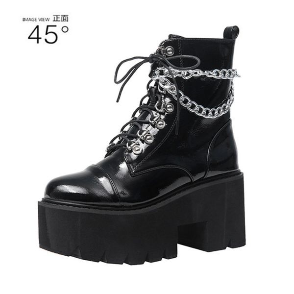 

2021 winter patent leather thick bottomed round head chain zipper punk slope heel martin boots 4142, Black