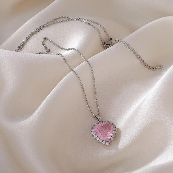 

pendant necklaces gorgeous pink color heart necklace women engagement wedding bridal brilliant girls statement jewelry, Silver