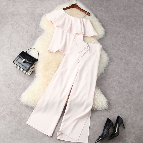 

women's two piece pants european and american women's wear for spring a shirt with flounces wide-legged pants fashion pink suit es, White