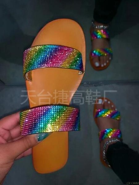 

dimond women slippers summer crystal hollow flat slide ladies open toe comfort slip on outdoor beach sandals woman shoes, Black