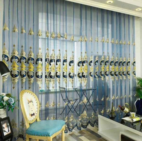 

curtain & drapes luxury embroidered floral tulle organza sheer jaquard for window curtains living room door voile blue
