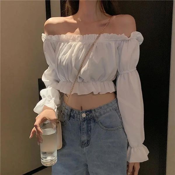 

women's blouses & shirts women blouse off shoulder long sleeve solid color white shirt puff ruffle tunic crop female summer tu