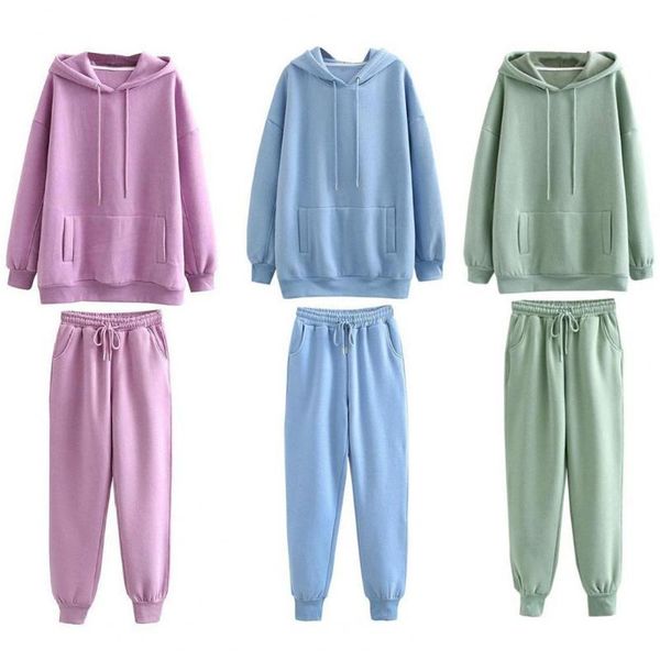 

women's two piece pants simple solid color hoodie set cold resistant drawstring, White