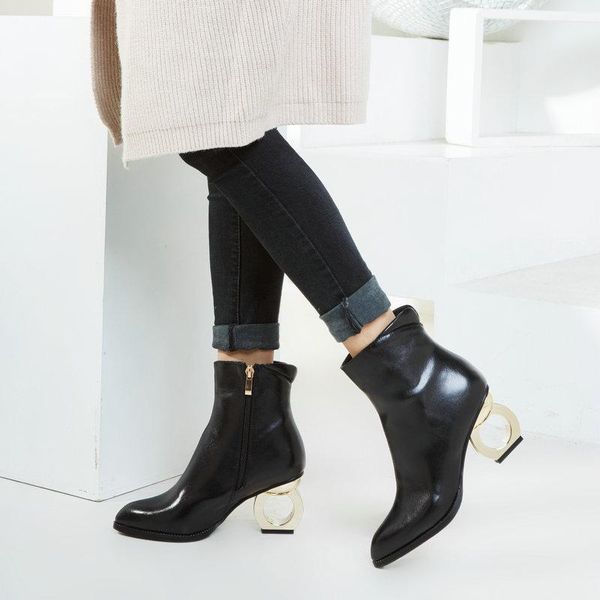 

boots autumn winter fashion metal street high-heeled women simulation leather side zipper lady models motorcycle, Black