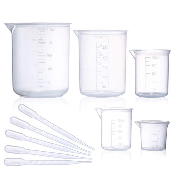 

lab supplies plastic beaker set,5 sizes low form measuring graduated beakers in 500ml-250ml-100ml-50ml- 25 ml with 5 droppers in3ml
