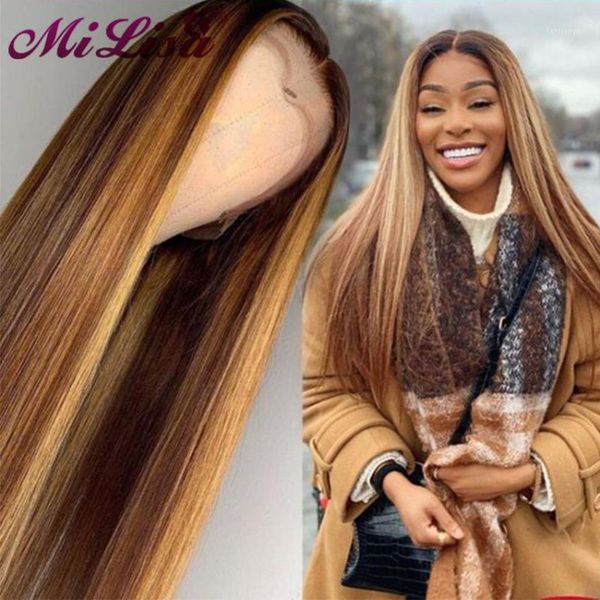 

ombre highlight human hair wig brown honey blonde colored 13x6 lace front wigs for black women remy straight 13x4 frontal wig1, Black;brown