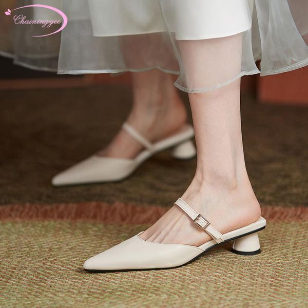 

sandals casual style pointed toe summer mules fashion buckle beige black medium heel thick heels women's shoes big size