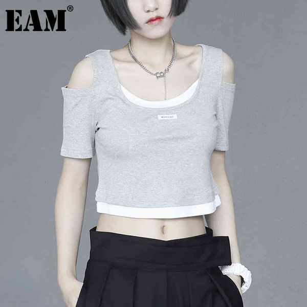 

[eam] women multicolor white gray contrast color short t-shirt round neck short sleeve fashion spring summer 21512