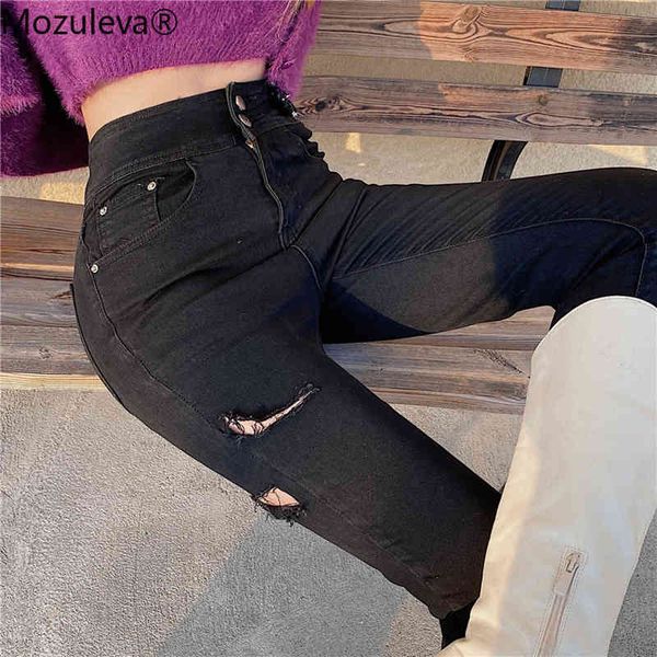 

high waist tassel ripped holes denim pants female trousers pencil jeans women skinny black 210427, Blue