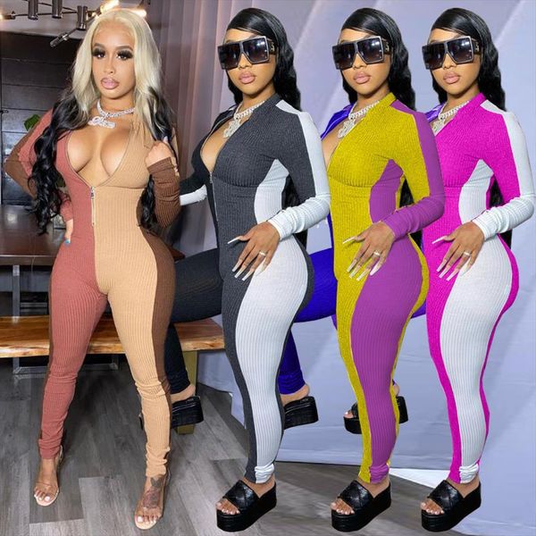 

streetwear color block spliced ribbed women romper bandage jumsuit overalls full sleeve fitness rompers womens jumpsuit femme, Black;white