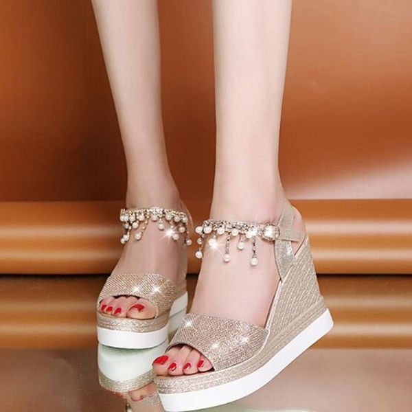 

summer shoes for woman wedge sandals rhinestone women bling peep toe high heels ladies footwear sandal platform, Black