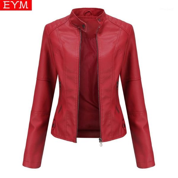 

women's jackets 2021 autumn women pu leather motorcycle jacket female solid color red black stand-up collarjackets lady casual, Black;brown