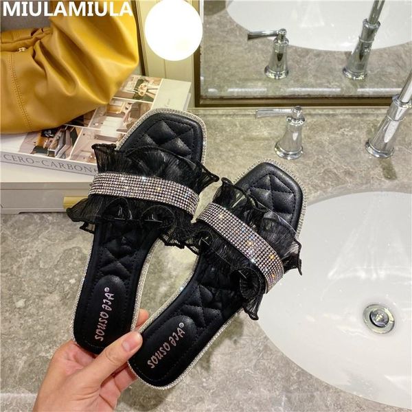 

fashion luxury bling rhinestone flat slippers brand designer socofy ruffles silk slip on loafers mules flip flops outside, Black