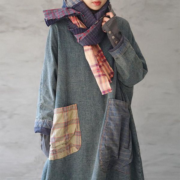 

casual dresses scuwlinen 2021 women winter vintage robe fashion chic denim o-neck patchwork batwing-sleeve loose long cotton padded dress p3, Black;gray