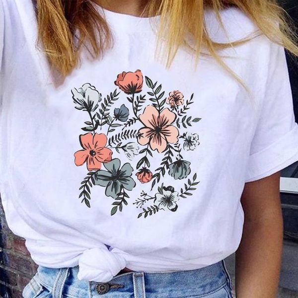 

women's t-shirt women graphic summer spring floral flower 90s love short sleeve cartoon lady clothes tees print female tshirt, White