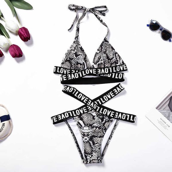 

new black letter stripe swimsuit cross strap split love women bikini, White;black