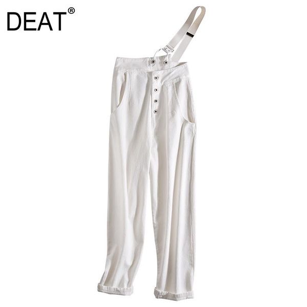 

women's jeans deat 2021 summer one chain straps single breasted white denim full length pants female wm19600l girl's fashion, Blue