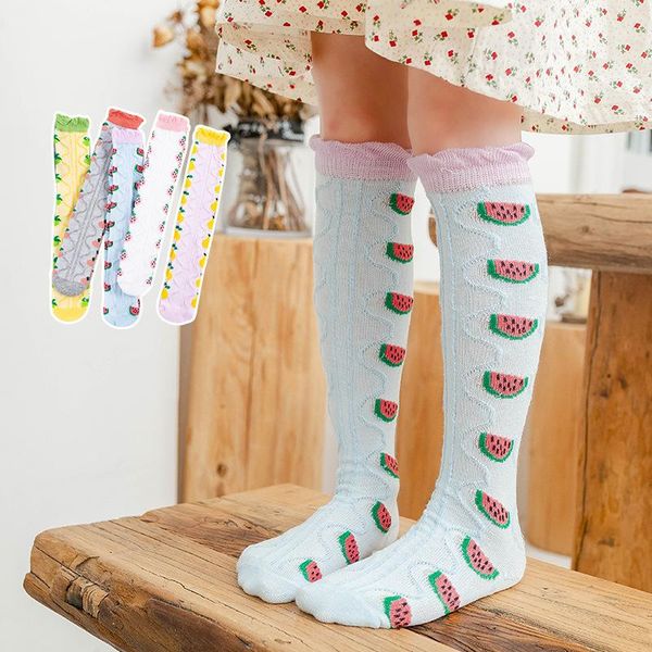 

cute fruit print baby girls long socks summer ruffle mesh breathable infant toddler floor soft kids children, Pink;yellow