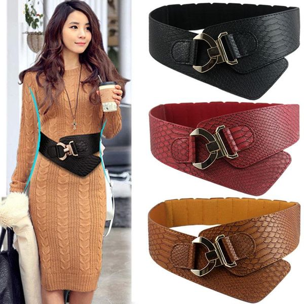 

deepeel snake synthetic leather fabric elastic cummerbunds fashion wild corset belts for women coat decorative, Black;brown