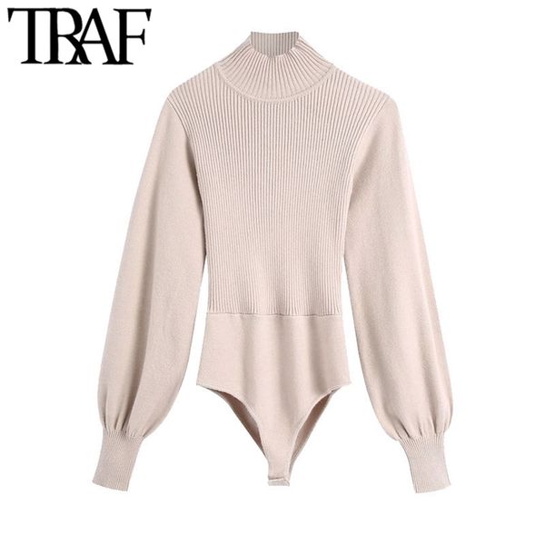 

women fashion backless snap-button knitted bodysuits vintage high neck lantern sleeve female playsuits chic 210507, Black;white