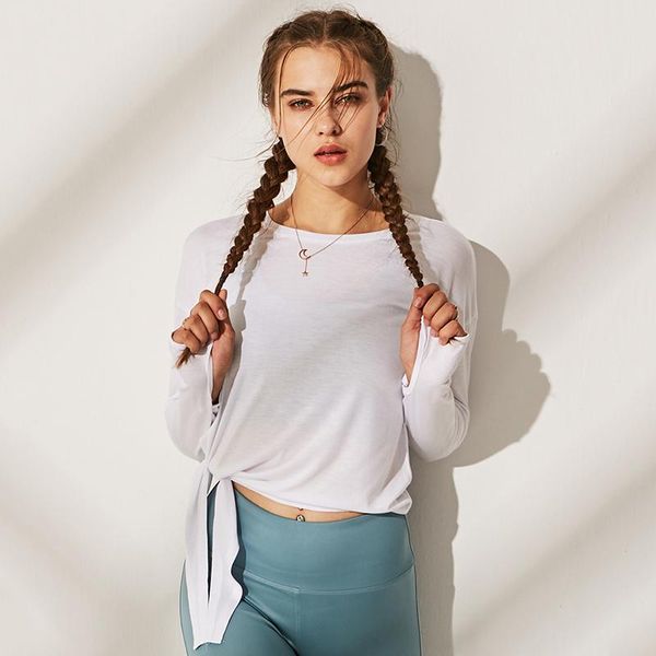 

yoga outfits loose fit women side split bandage sport t shirt streetwear long sleeve running workout t-shirts gym clothing, White;red