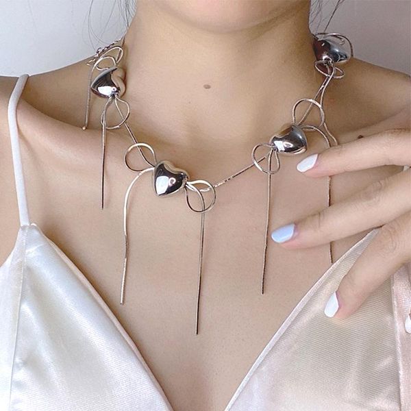 

pendant necklaces huanzhi 2021 exaggerated vintage choker heart bowknot tassel silver colour metal necklace for women girl patry jewelry