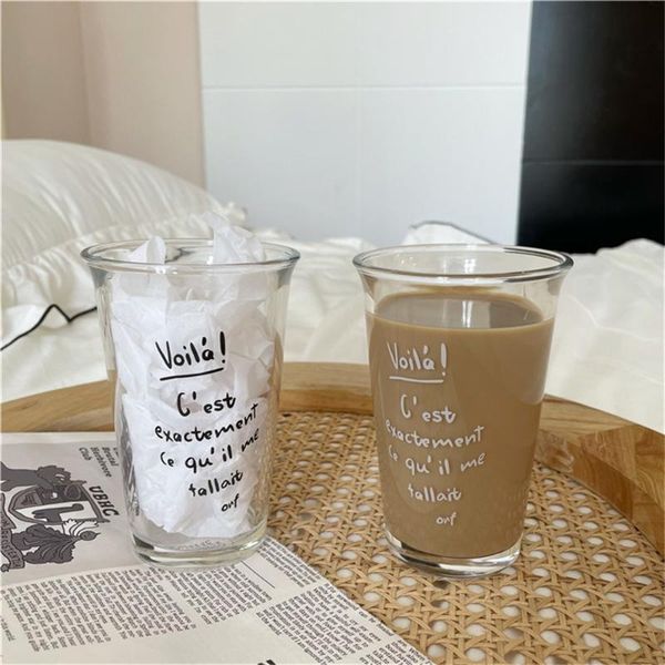 

wine glasses 450ml korean glass mug simple retro french large-capacity girl letter ice american milk cup drinkware coffee