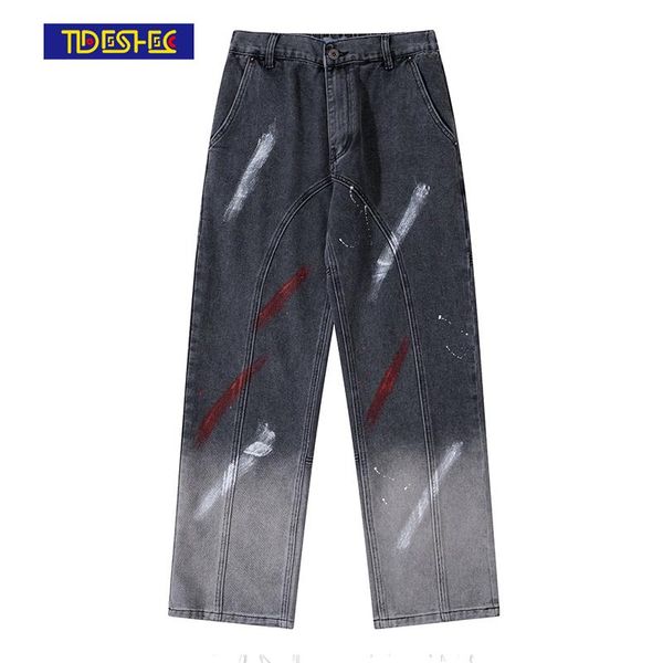 

men's jeans graffiti gradient loose male trousers simple design men cozy daily casual straight denim pants, Blue