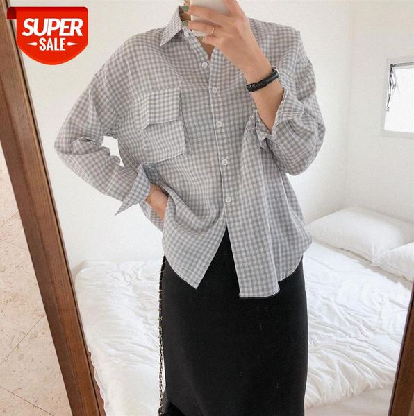 

[ou fan] organ bag cotton and linen western style plaid shirt women korean women's loose 3251 #5k6e, Black;gray