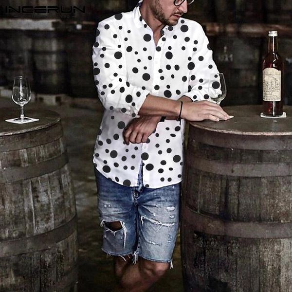 

men long sleeve lapel neck camisa incerun fashion polka dot printed shirts leisure buttons man casual loose blouse s-5xl men's, White;black