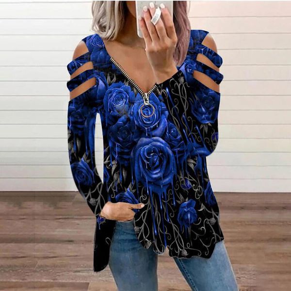 

women's blouses & shirts harajuku zipper blouse autumn winter rose printing long sleeve shirt casual v-neck offÂ shoulderÂ loose basic to, White