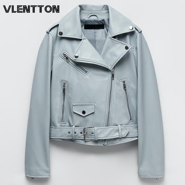 

women's leather & faux 2021 spring autumn women fashion blue black jacket solid zipper with belt biker coat female casual outwear ladie