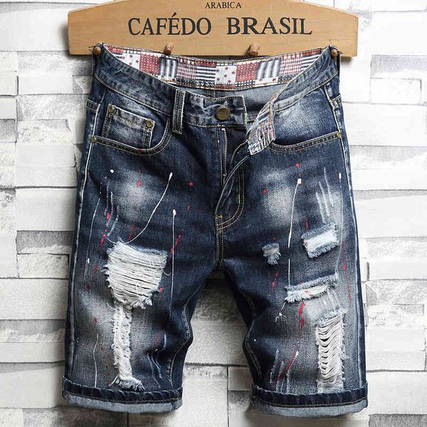 

jeans hole splashing ink denim 5-point shorts men's loose straight fashion brand big size beggar pants korean version trend, Blue