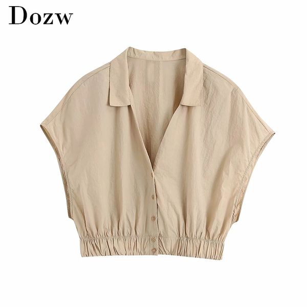 

fashion sleeveless khaki cropped blouse women casual turn down collar shirt female solid elastic hem buttons blusas 210414, White
