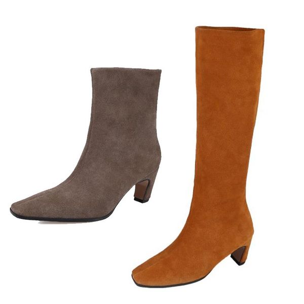 

boots natural nubuck leather fashion knee high square head short autumn winter 2021 women's shoes black big size 35-43