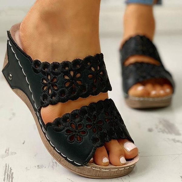

summer casual slip-on slippers ladies ins retro platform women comfort high wedges shoes woman, Black