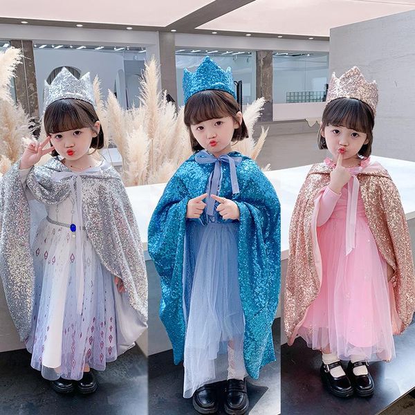 

girls cloak sequins hooded snow queen princess long cape costume kids dress up jacket coat cosplay clothing jackets, Blue;gray